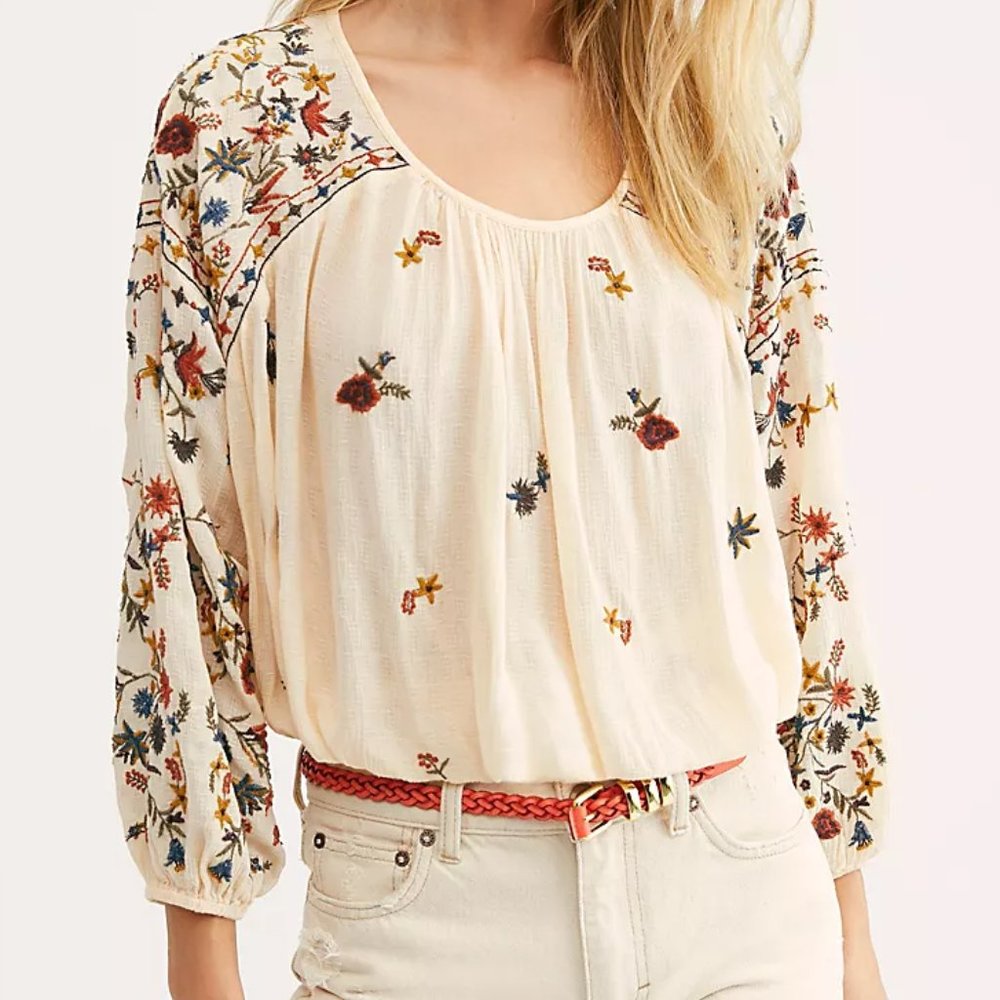 Free People Embroidered Wild Flowers Blouse Size XS